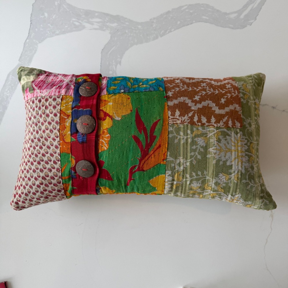 Kantha Stitch Patchwork Lumbar Pillow Bohemian Floral Multi Color Coconut Button